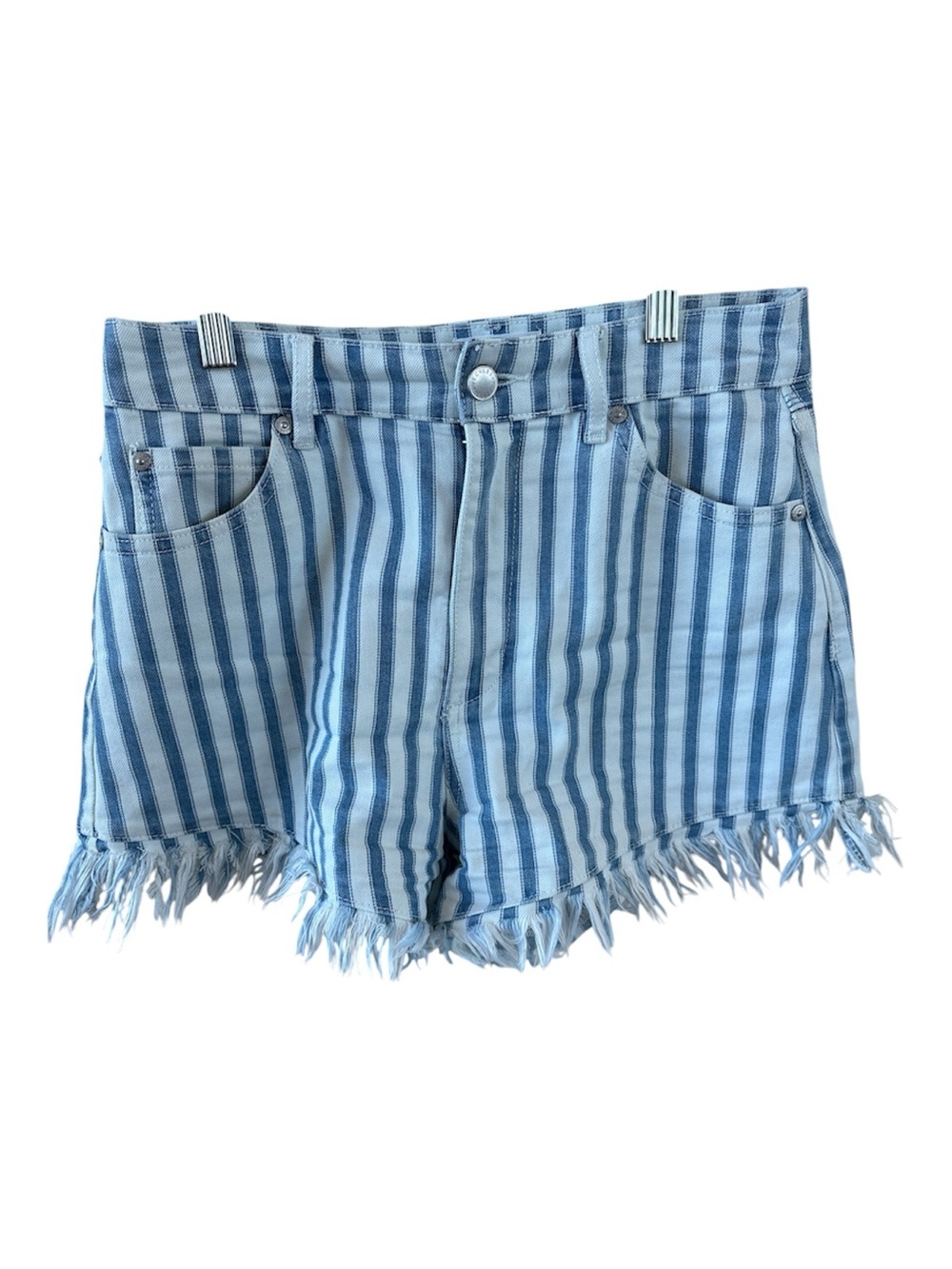 Avec Les Filles Blue Striped Denim Frayed-Hem Shorts